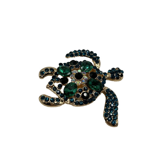 Sea Turtle Aurora Borealis Green Blue Rhinestone Tortoise Brooch Ocean Unsigned - Picture 1 of 9